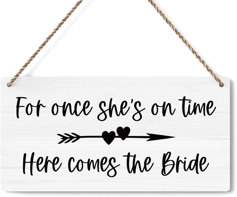 BELLOWDEER Here Comes The Bride Sign, Ring Bearer Sign, Rustic Wedding Signs Wedding Decoration Stuff Engagement Weddings Decorations 12x6 Inches (White) - Image 1