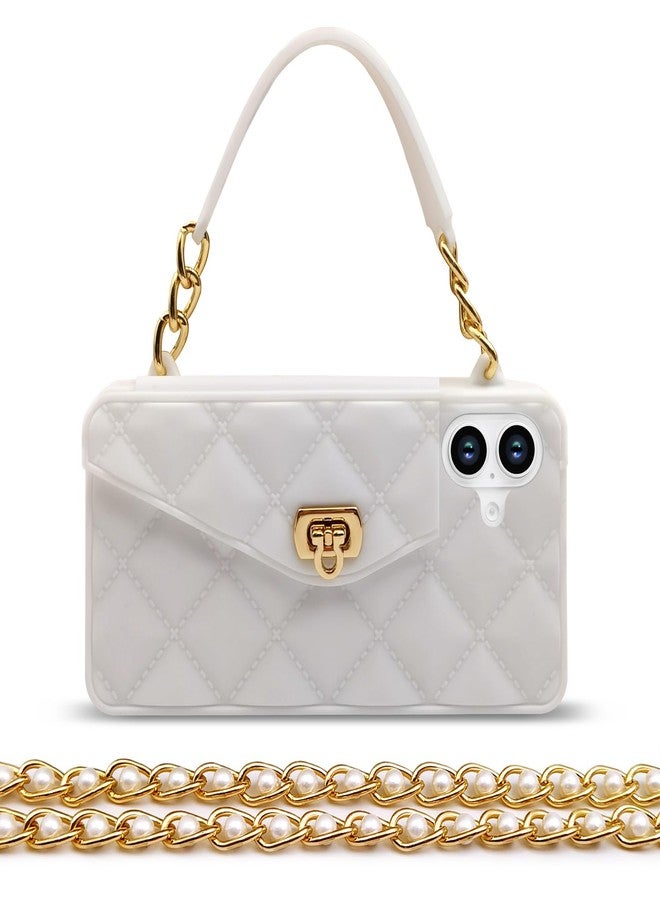 أوميو جراب محفظة من أوميو متوافق مع آيفون 16 بلس، مزود بحامل بطاقات، وسلسلة فاخرة، وحبل كتف طويل مزين باللؤلؤ، وحزام معصم، وغطاء حقيبة يد من السيليكون الناعم، مناسب للنساء، لون أبيض. - Image 1