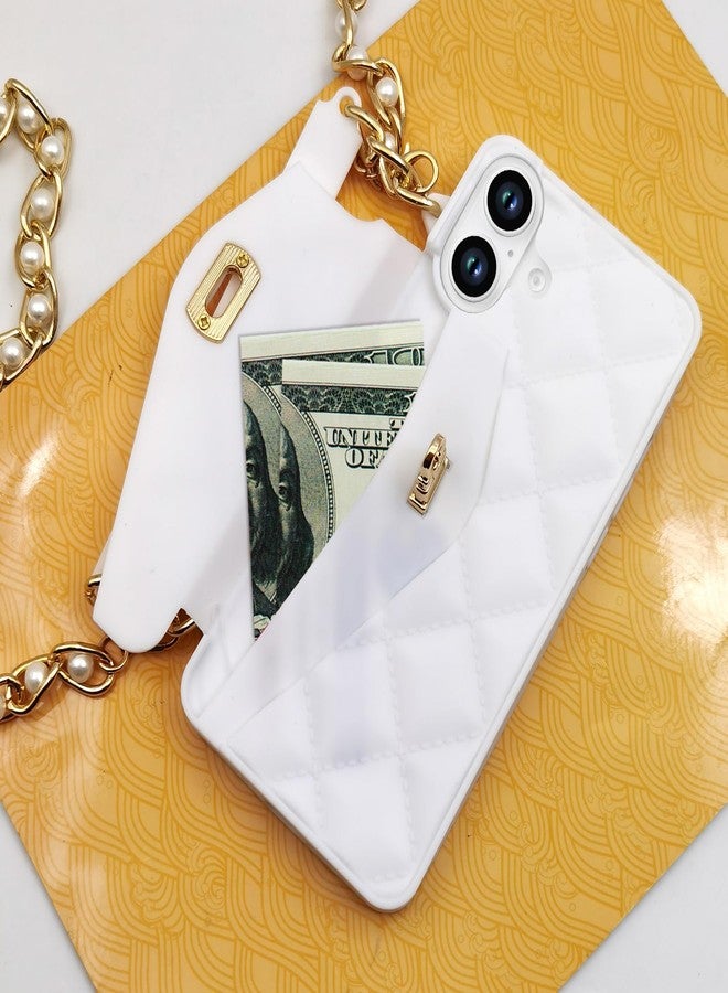 أوميو جراب محفظة من أوميو متوافق مع آيفون 16 بلس، مزود بحامل بطاقات، وسلسلة فاخرة، وحبل كتف طويل مزين باللؤلؤ، وحزام معصم، وغطاء حقيبة يد من السيليكون الناعم، مناسب للنساء، لون أبيض. - Image 2