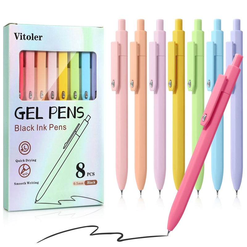 Vitoler Pens,8 pcs Black Ink Gel Pens,0.5mm Fine Point Pen Smooth Writing,Cute Pen for Office School Teacher Supplies,Stocking Stuffers for Teen Girls