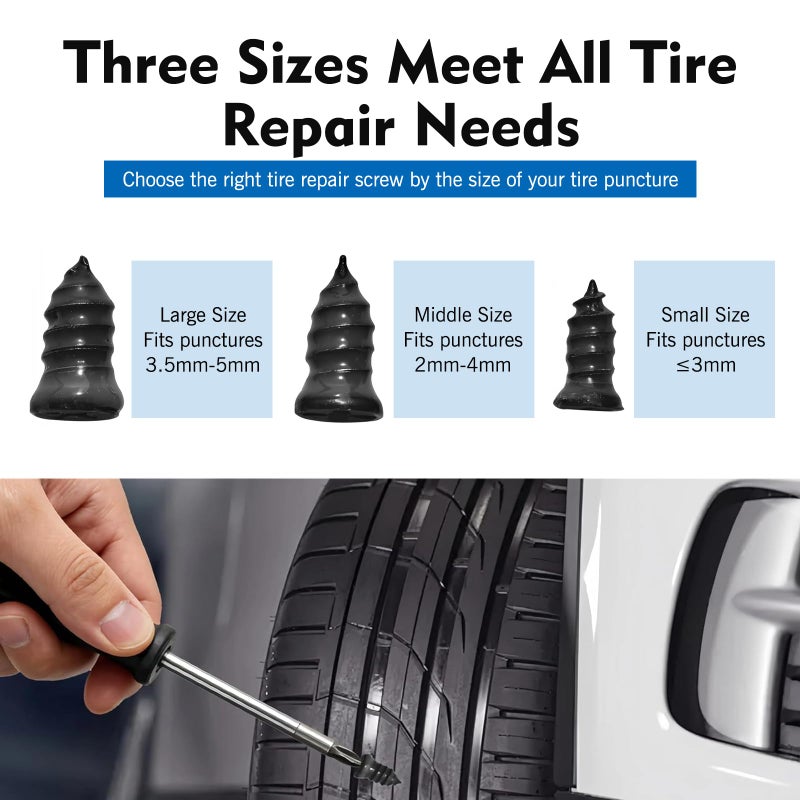 Bawkars 101 PCS Tire Repair Rubber Nail, 3 Size Vacuum Tire Repair Kits Spiral Rubber Screws, Fast Self-Service Tool for Car, Truck, Motorcycle, Tractor Tire Puncture Repair (Black) - Image 5