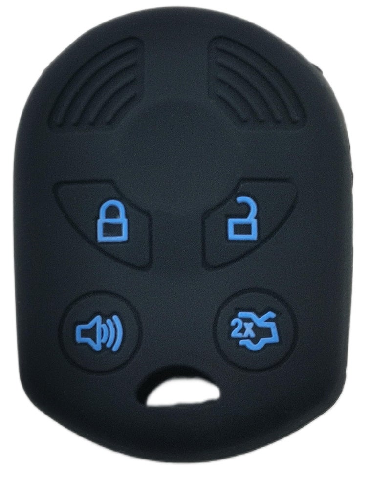 RUNZUIE 4 Buttons Silicone Remote Key Fob Cover for Ford Escape Explorer Mustang Transit Fusion Focus Lincoln Zephyr Mercury Grand Marquis Black with Blue