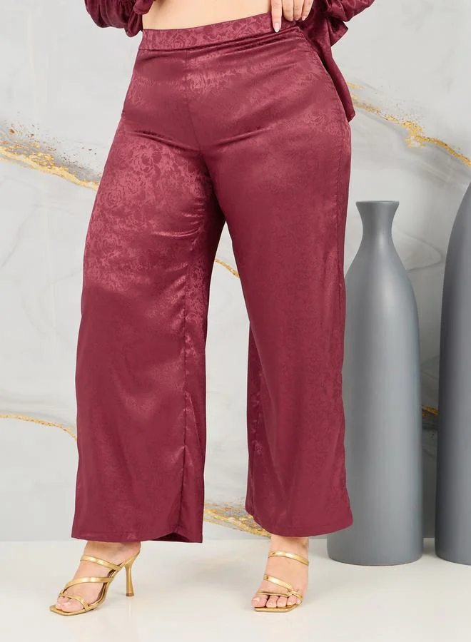 Styli Plus Satin Jacquard Print Asymmetric Hem Wrap Top and Pant Set