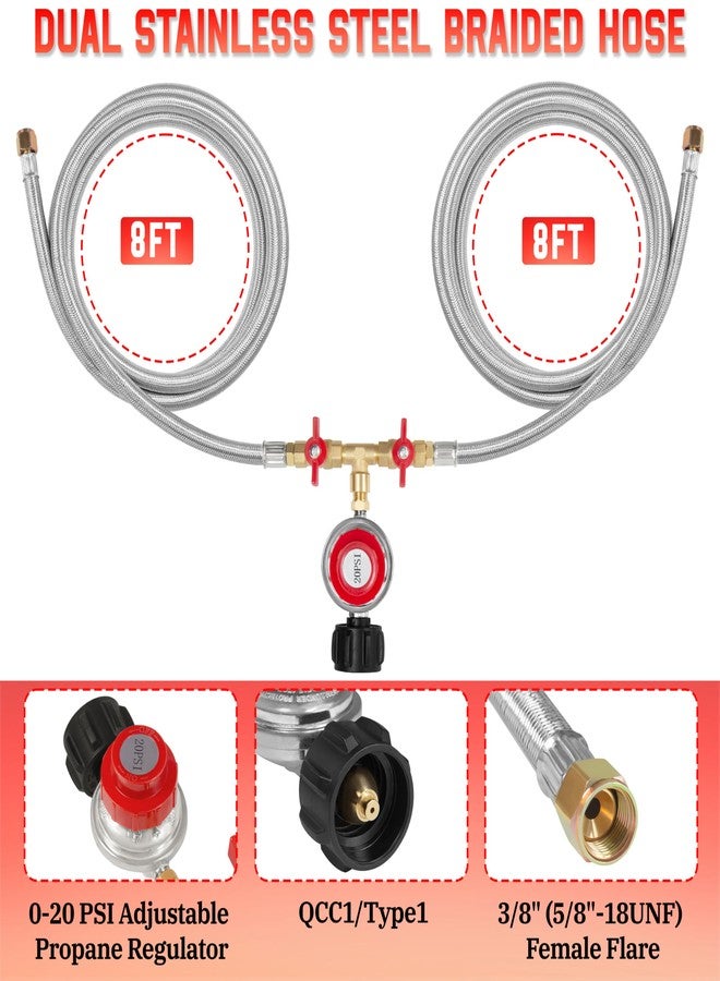 Feirenql 0-20 PSI Adjustable High Pressure Propane Regulator - 8FT Double Stainless Braided Y Splitter Hose with 1/8" MNPT Fitting, for 5lb-20lb Propane Tanks, Outdoor Burner, Turkey Fryer, Cooker - Image 2