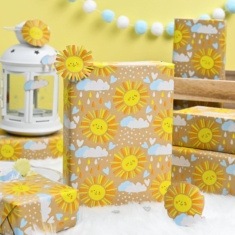 MAYPLUSS Kraft Baby Shower Wrapping Paper, Recyclable Sunshine, Cloud & Heart Design Baby Gift Wrap Paper for Children Birthday, Party, Holiday, Cute Wrapping Paper Mini Roll (17 Inch X 33 Feet) - Image 2