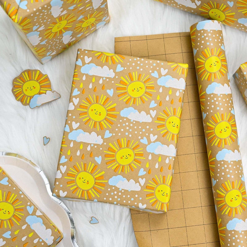 MAYPLUSS Kraft Baby Shower Wrapping Paper, Recyclable Sunshine, Cloud & Heart Design Baby Gift Wrap Paper for Children Birthday, Party, Holiday, Cute Wrapping Paper Mini Roll (17 Inch X 33 Feet) - Image 4
