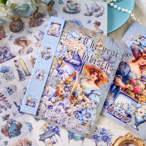 Invite Enterprise Invite 24 Sheets Vintage Theme Stickers - Elegant Victorian Girl Scrapbook Stickers, Floral Aesthetic Ephemera for Journals, Planners, Collage, and DIY Crafts [Pack of 1 - Blue Color] - Image 1