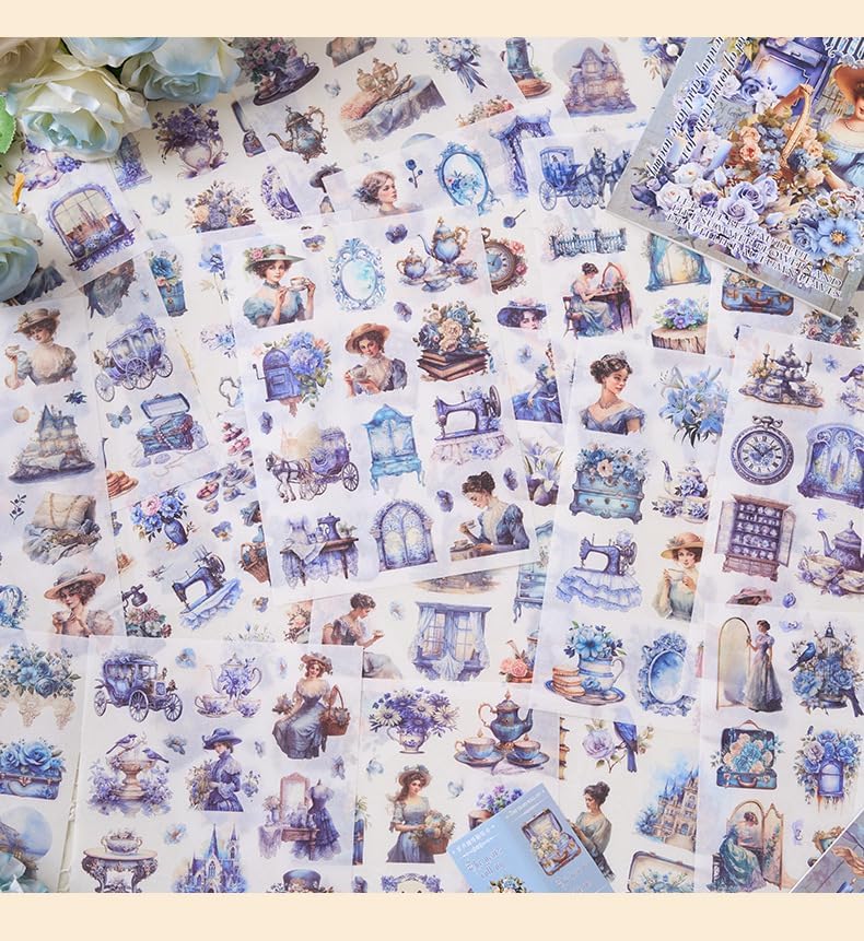 Invite Enterprise Invite 24 Sheets Vintage Theme Stickers - Elegant Victorian Girl Scrapbook Stickers, Floral Aesthetic Ephemera for Journals, Planners, Collage, and DIY Crafts [Pack of 1 - Blue Color] - Image 5