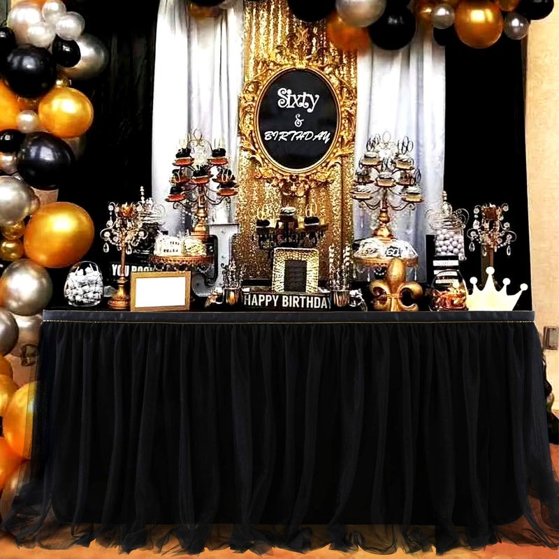 Suppromo 14 Black Tutu Table Skirt for Parties Ruffle Tulle Table Skirt for Black Gold Theme Birthday Party Graduation Wedding Baby Shower Decoraitons - Image 2