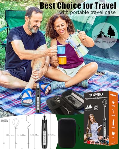YUSWKO Rechargeable Milk Frother Handheld Frother Wand Drink Mixer for Coffee, Electric Whisk 3 Speed Adjustable, Coffee Foamer Maker with 3 Stainless Whisks Ideal Stirrers for Travel - Black - Image 2