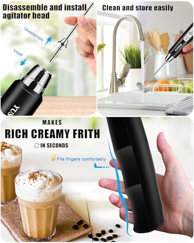 YUSWKO Rechargeable Milk Frother Handheld Frother Wand Drink Mixer for Coffee, Electric Whisk 3 Speed Adjustable, Coffee Foamer Maker with 3 Stainless Whisks Ideal Stirrers for Travel - Black - Image 5