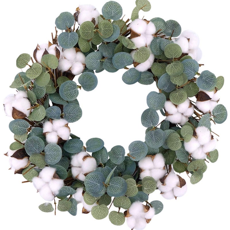 idyllic Idyllic Eucalyptus and Cotton Wreath 14 Inches Artificial Wreath on a Natural Twig Base for Farmhouse Garden Wedding Decor 
