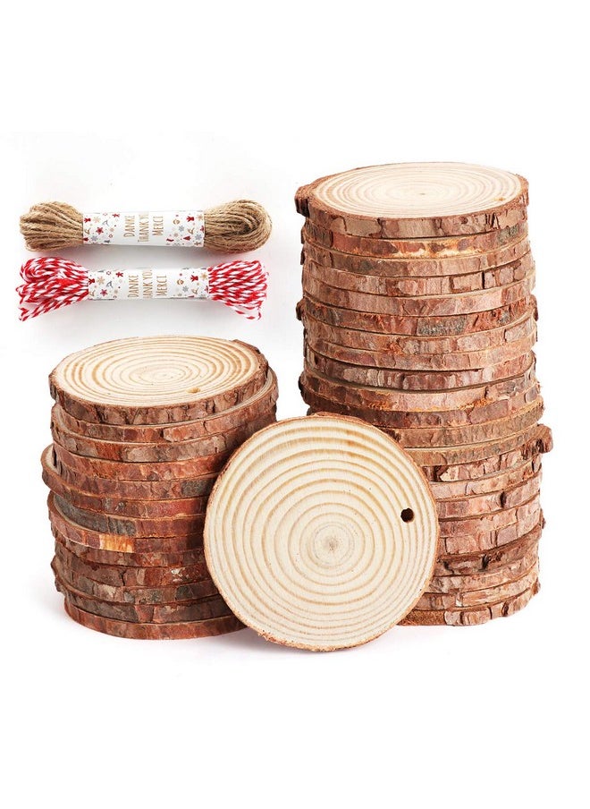 ilauke 50Pcs Wood Slices 2.4"-2.8" Unfinished Natural Wood Rounds with Pre-drilled Hole and 66Feet Twine String, Wood Slices for Wood Burning Painting DIY Crafts Christmas Ornaments Party Wedding Decor  - Image 1