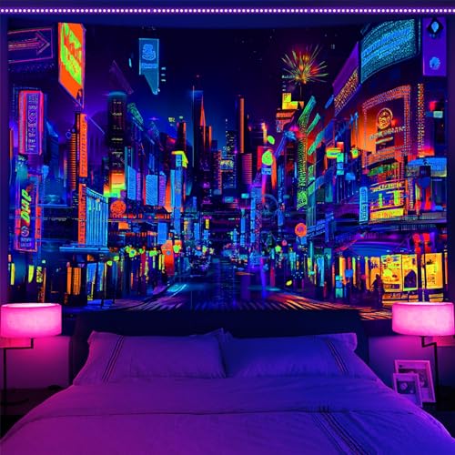 Bzhilja Blacklight Japanese Anime Tapestry UV Reactive Punk Cityscape Wall Tapestry Japanese Tokyo Billboards District City 80S Art Wall Hangings for Living Room Bedroom Dorm - Image 1