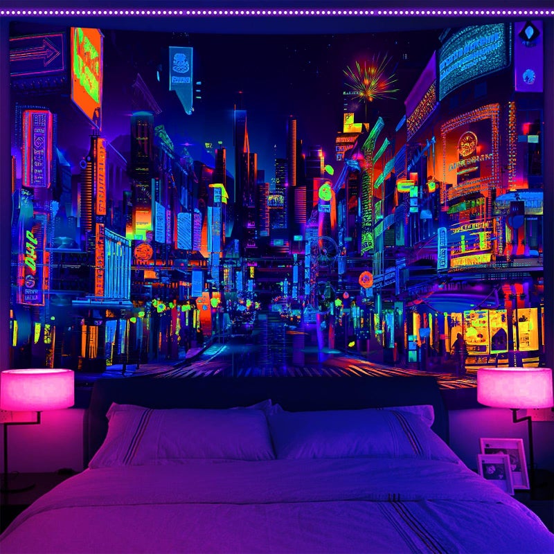 Bzhilja Blacklight Japanese Anime Tapestry UV Reactive Punk Cityscape Wall Tapestry Japanese Tokyo Billboards District City 80S Art Wall Hangings for Living Room Bedroom Dorm - Image 2