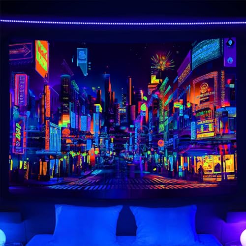Bzhilja Blacklight Japanese Anime Tapestry UV Reactive Punk Cityscape Wall Tapestry Japanese Tokyo Billboards District City 80S Art Wall Hangings for Living Room Bedroom Dorm - Image 3