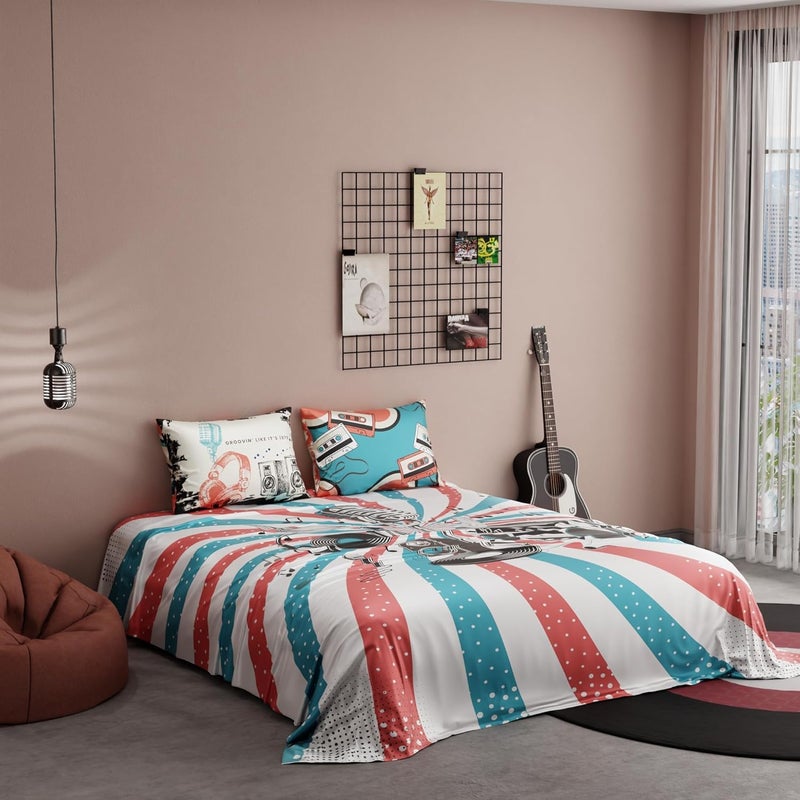 QuirkLoom QuirkLoom Satin Bedsheets for King Size Bed with Pillow Covers 300TC Quirky Graphic Printed Premium Bedding Set Ultra Soft Lightweight Durable Easy Care Rock N Doze White  - Image 1