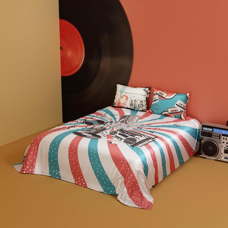 QuirkLoom QuirkLoom Satin Bedsheets for King Size Bed with Pillow Covers 300TC Quirky Graphic Printed Premium Bedding Set Ultra Soft Lightweight Durable Easy Care Rock N Doze White  - Image 2