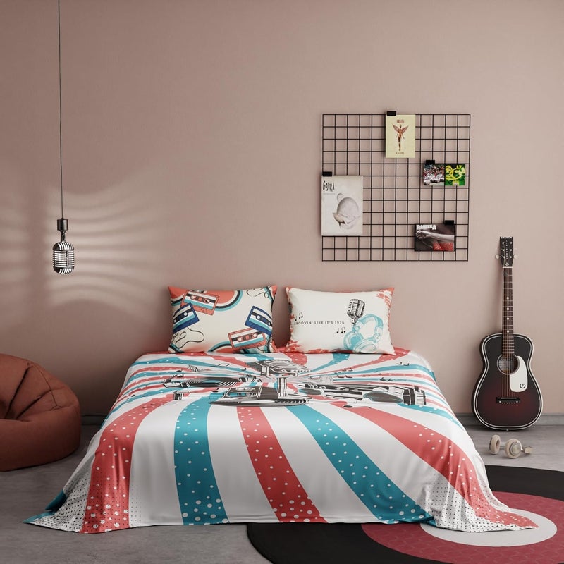 QuirkLoom QuirkLoom Satin Bedsheets for King Size Bed with Pillow Covers 300TC Quirky Graphic Printed Premium Bedding Set Ultra Soft Lightweight Durable Easy Care Rock N Doze White  - Image 3