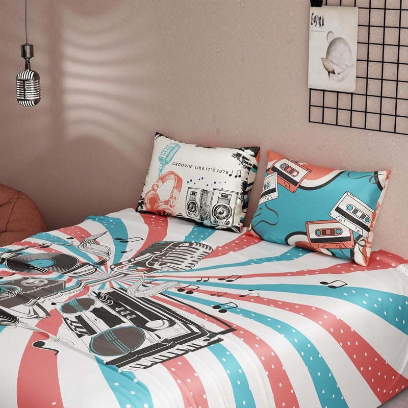 QuirkLoom QuirkLoom Satin Bedsheets for King Size Bed with Pillow Covers 300TC Quirky Graphic Printed Premium Bedding Set Ultra Soft Lightweight Durable Easy Care Rock N Doze White  - Image 5