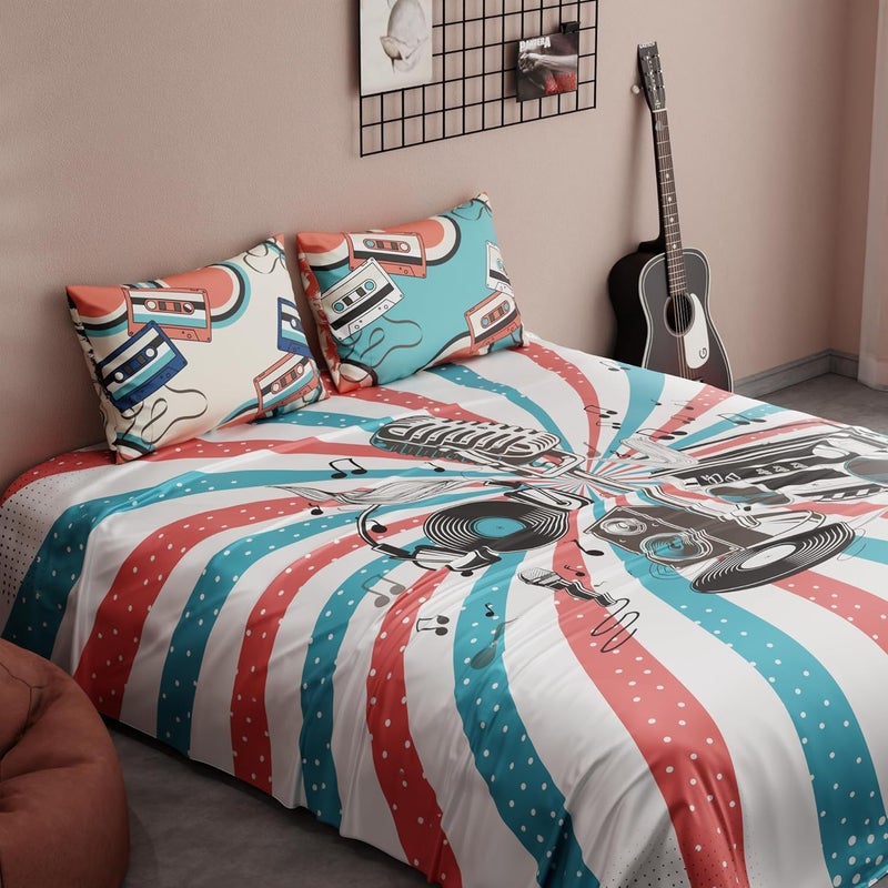 QuirkLoom QuirkLoom Satin Bedsheets for King Size Bed with Pillow Covers 300TC Quirky Graphic Printed Premium Bedding Set Ultra Soft Lightweight Durable Easy Care Rock N Doze White  - Image 4
