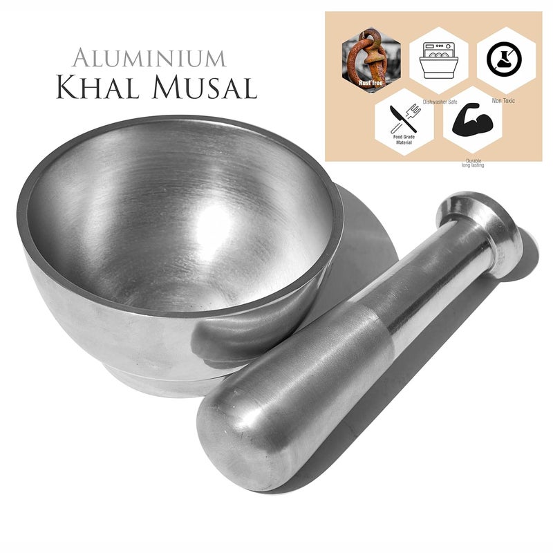 Pure Source India طقم مدقة وهاون من الألمنيوم من مصدر نقي الهند 1 قطعة 45 بوصة فضي - Image 5