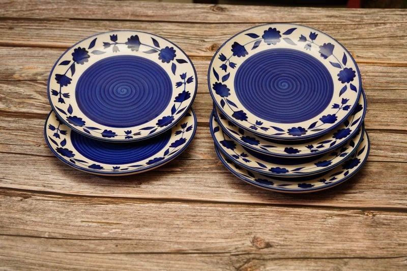 VolCraft Hand Painted Ceramic Plates for Kitchen, Serving Plates, Quarter Plates, Side Plates, Set of 6, Blue Floral Plates, Dia - 7" Each, Microwave Safe, Freezer Safe, Dishware Safe - Image 1