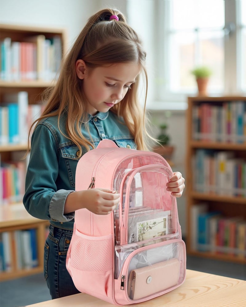 KIMNERPU Clear Backpack, Fabric & PVC Transparent Backpack with Reinforced Strap for Women Men, Heavy Duty Transparent Bookbag, Large Capacity Clear bag, Travel, Security, Pink - Image 5
