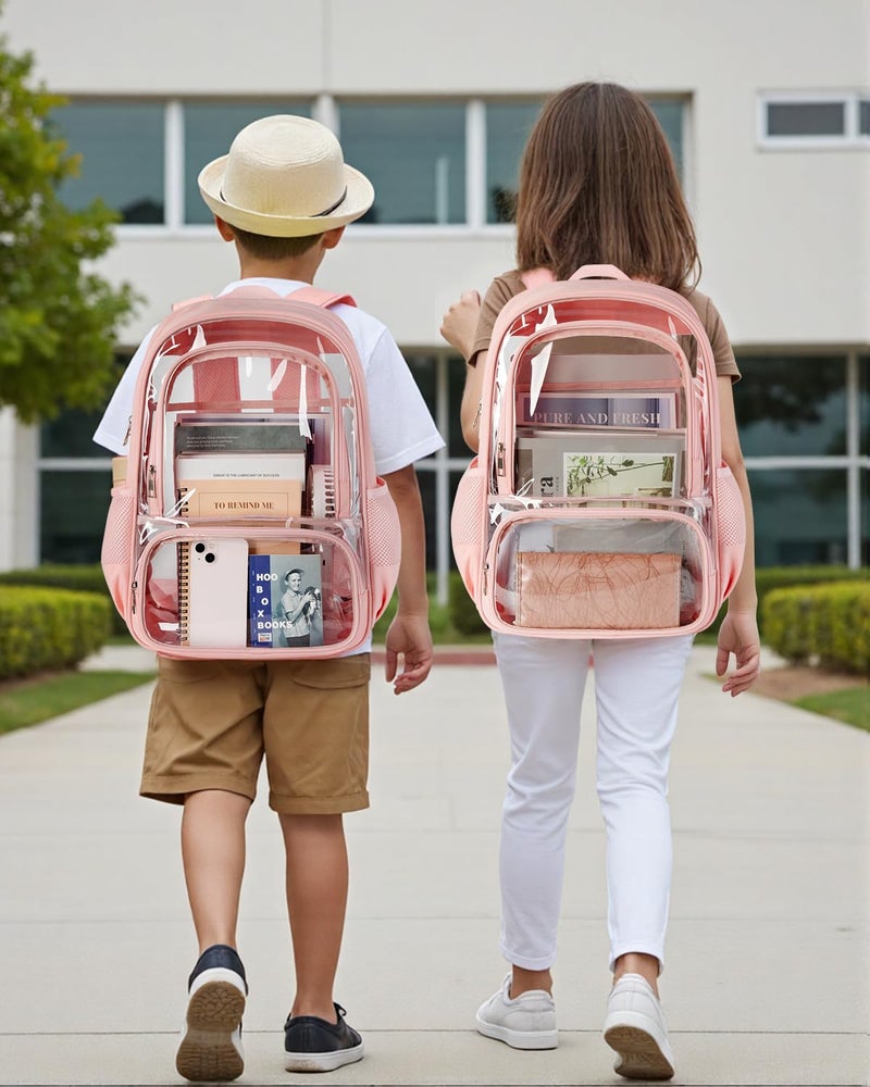 KIMNERPU Clear Backpack, Fabric & PVC Transparent Backpack with Reinforced Strap for Women Men, Heavy Duty Transparent Bookbag, Large Capacity Clear bag, Travel, Security, Pink - Image 4