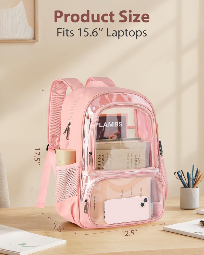 KIMNERPU Clear Backpack, Fabric & PVC Transparent Backpack with Reinforced Strap for Women Men, Heavy Duty Transparent Bookbag, Large Capacity Clear bag, Travel, Security, Pink - Image 2