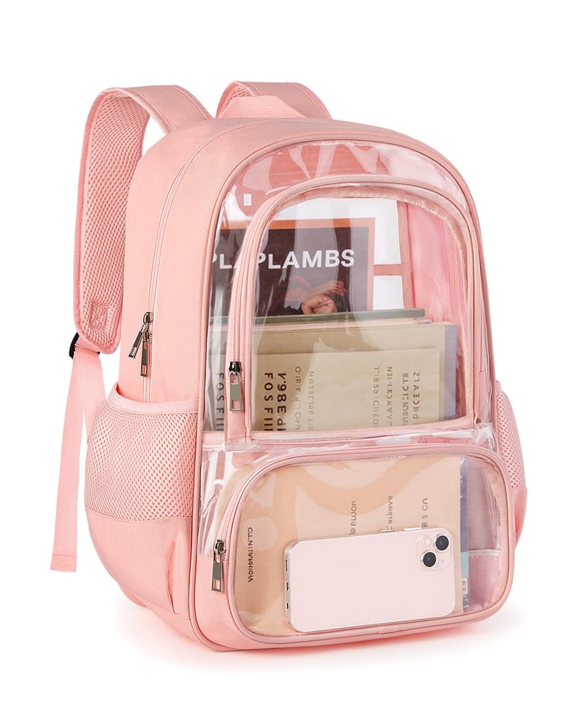 KIMNERPU Clear Backpack, Fabric & PVC Transparent Backpack with Reinforced Strap for Women Men, Heavy Duty Transparent Bookbag, Large Capacity Clear bag, Travel, Security, Pink - Image 1