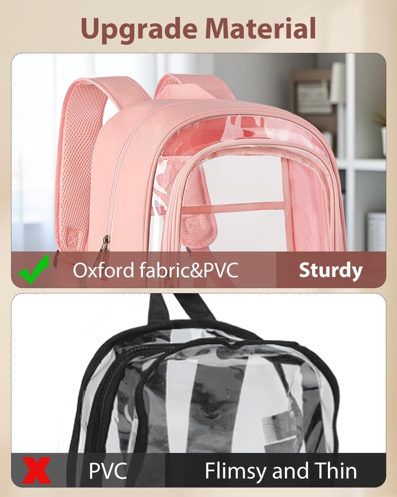 KIMNERPU Clear Backpack, Fabric & PVC Transparent Backpack with Reinforced Strap for Women Men, Heavy Duty Transparent Bookbag, Large Capacity Clear bag, Travel, Security, Pink - Image 3