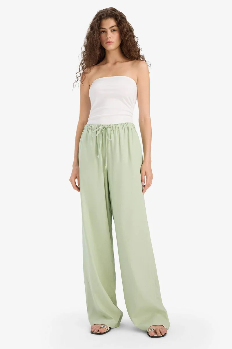 ديفاكتو Elastic Waist Linen Blend Wide Leg Trousers
