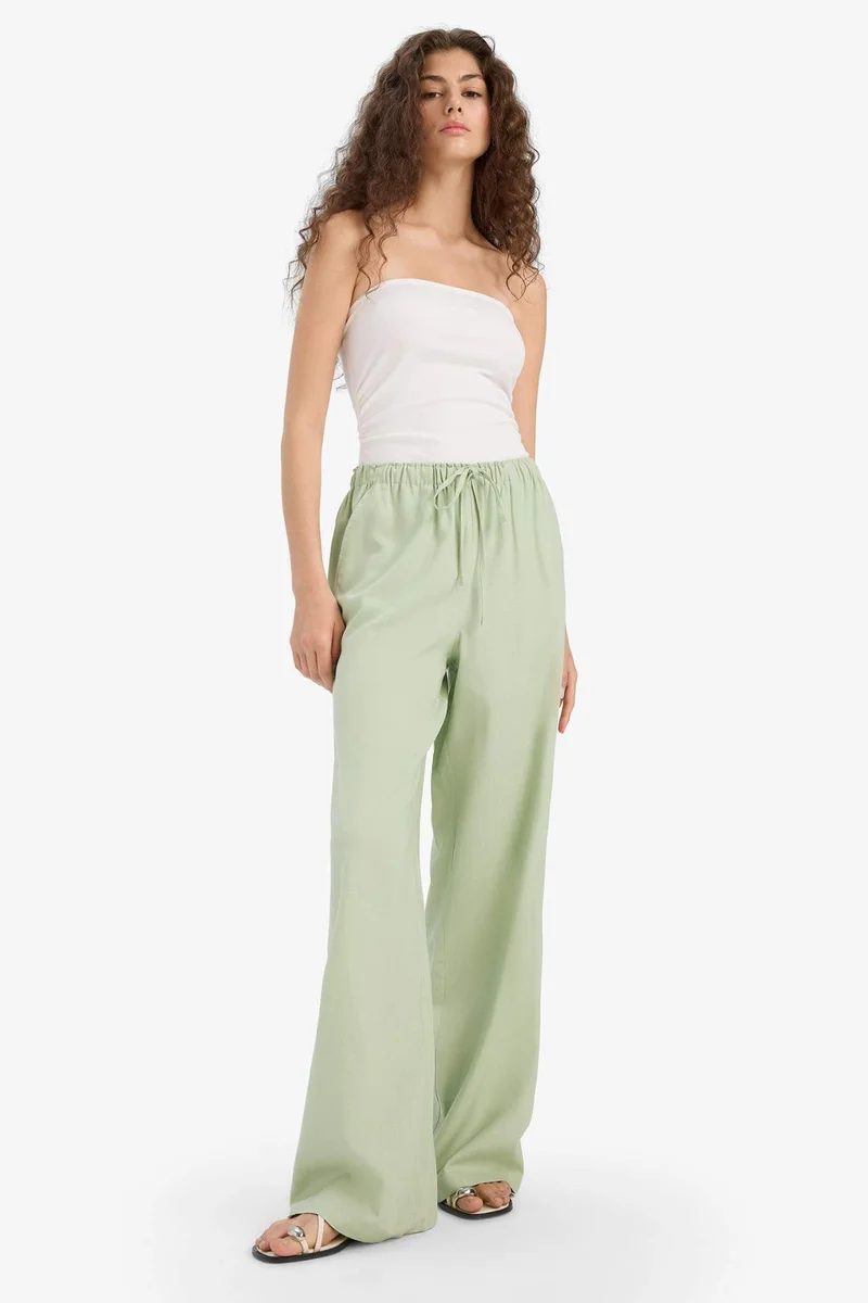 ديفاكتو Elastic Waist Linen Blend Wide Leg Trousers