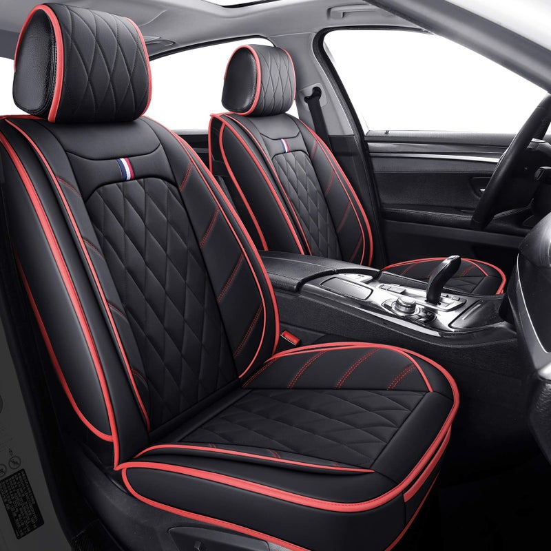 Aierxuan 5 Car Seat Covers Full Set Waterproof Leather Universal Cushions Split Bench Compatible with Toyota Camry Kia Nissan Chevy Malibu CRV Focus Fusion Jeep Wrangler Cherokee Full Set BlackRed - Image 3