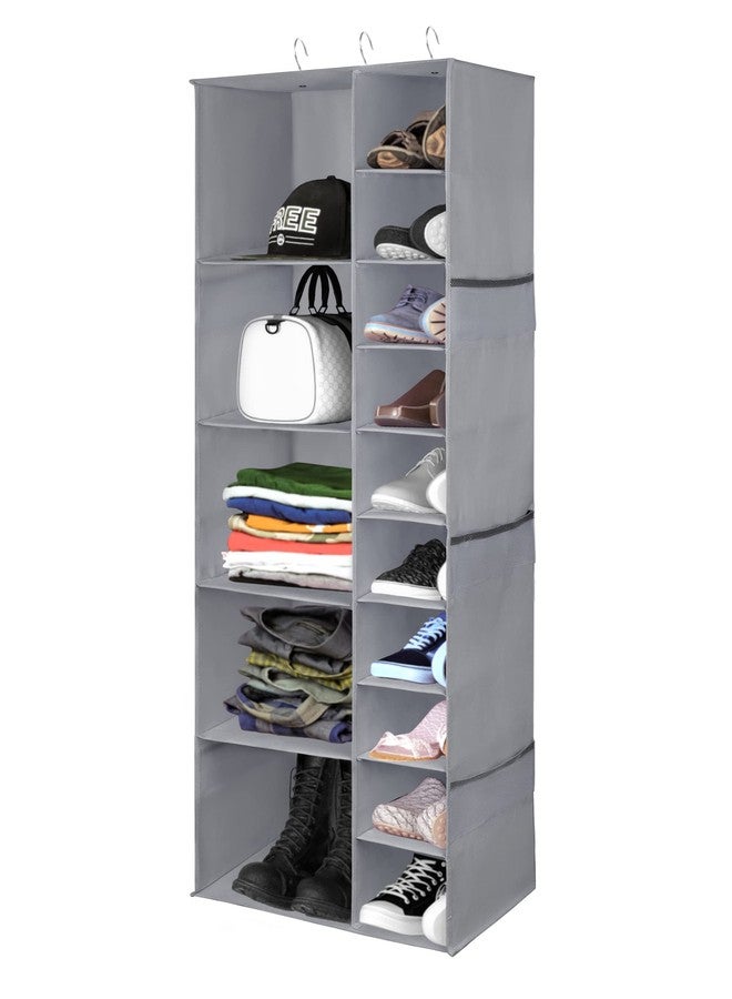Libeder Shoe Organizer for Closet, 15 Shelf Hanging Closet Storage Shelves - 10 Shoe Rack Organizer and 5 Compartment for Clothes with 6 Side Mesh Pockets for Scarves Socks,Gloves Grey - Image 1