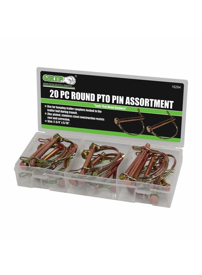 Lynch Pin Assortments (20 pc Round PTO) - Includes 2-3/4” x 5/16” - Zinc Plated Stainless Steel - Keeps Trailer Couplers Locked - Home, Travel, Garage