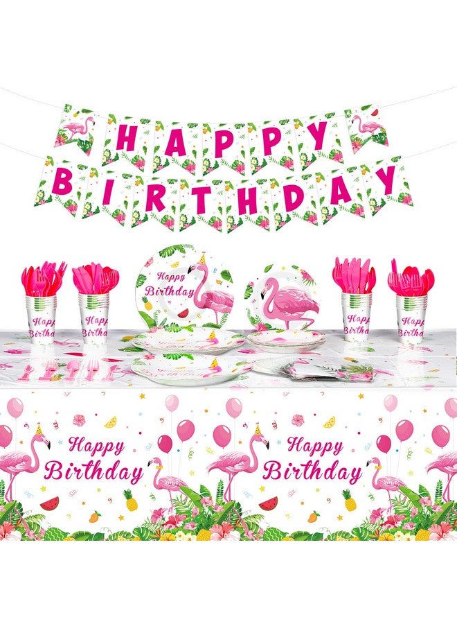 Tudomro 172 Pcs Flamingo Birthday Party Supplies Flamingo Paper Plates And Napkins Hawaiian Tablecloths Flamingo Birthday Banner Summer Flamingo Tableware For Girls Aloha Tropical Luau Party Decor Serves 24 - Image 1