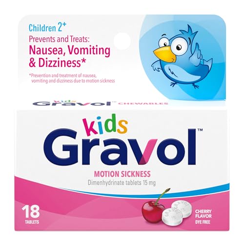Gravol أقراص جرافيول القابلة للمضغ للأطفال لعلاج الغثيان واضطرابات المعدة ودوار الحركة، خالية من الأصباغ، بنكهة الكرز، للفئة العمرية من 2 إلى 12 سنة، 18 قطعة - Image 1