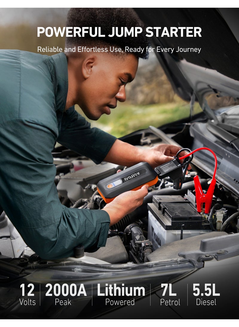 أسترواي AstroAI B8 2000A بطارية السيارة القفز البداية ، حزمة بطارية القفز البداية 12 فولت (تصل إلى 9.0 لتر البنزين ومحرك الديزل 7.0 لتر) ، صندوق القفز المحمول مع 3 أوضاع المصباح الكهربائي وكابل القفز - Image 2