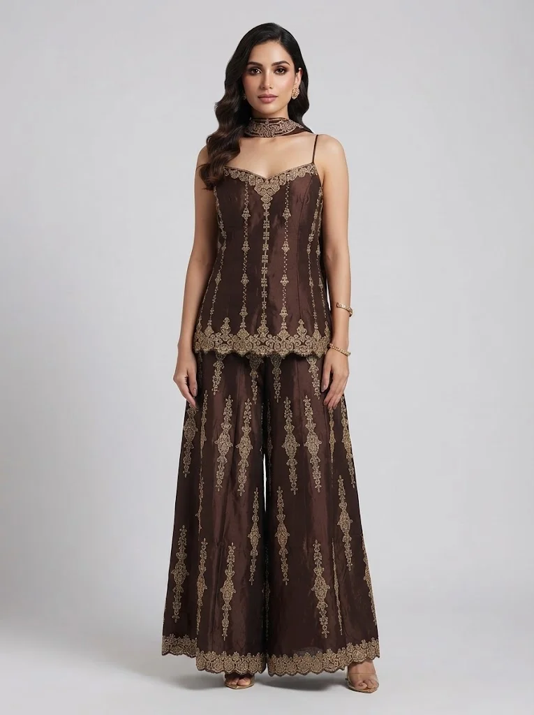 VINY Coffee Brown Embroidered Top & Palazzo Set – Women's Indian Ethnic Wear