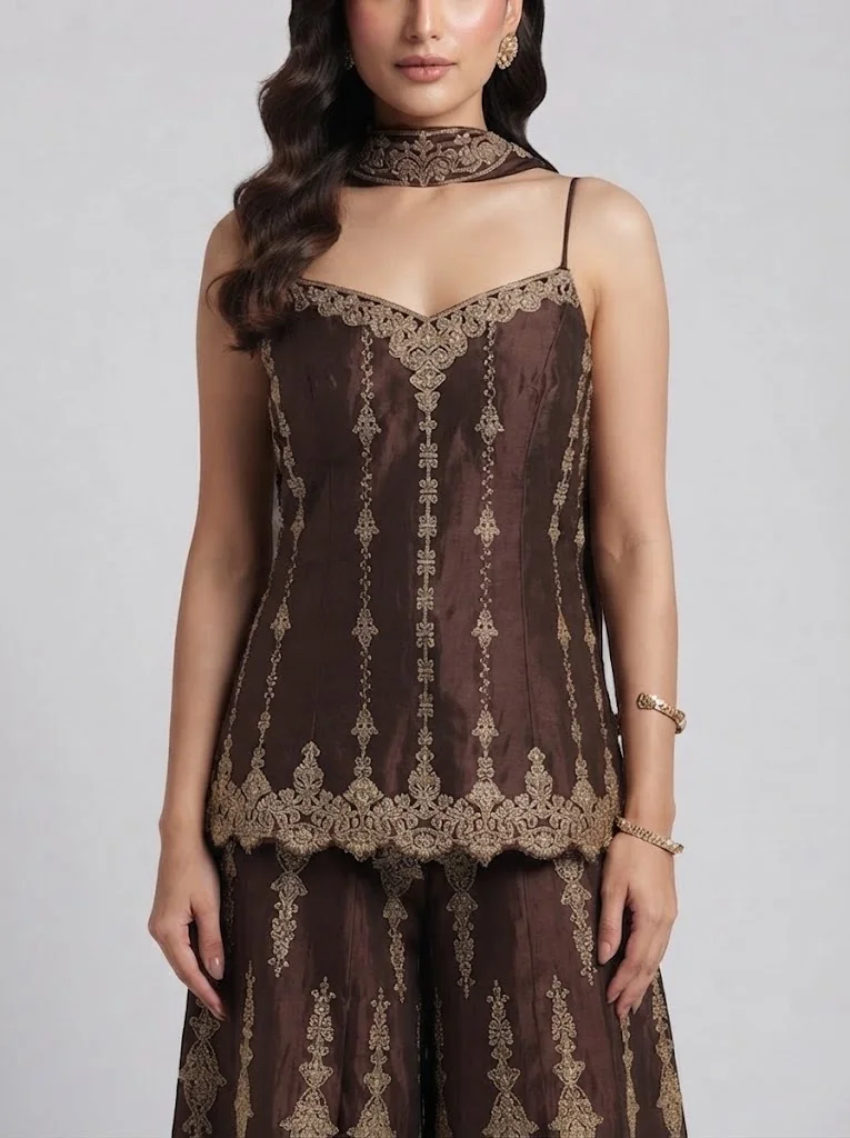 Viny  VINY Coffee Brown Embroidered Top & Palazzo Set – Women's Indian Ethnic Wear for Women | Best Price UAE
