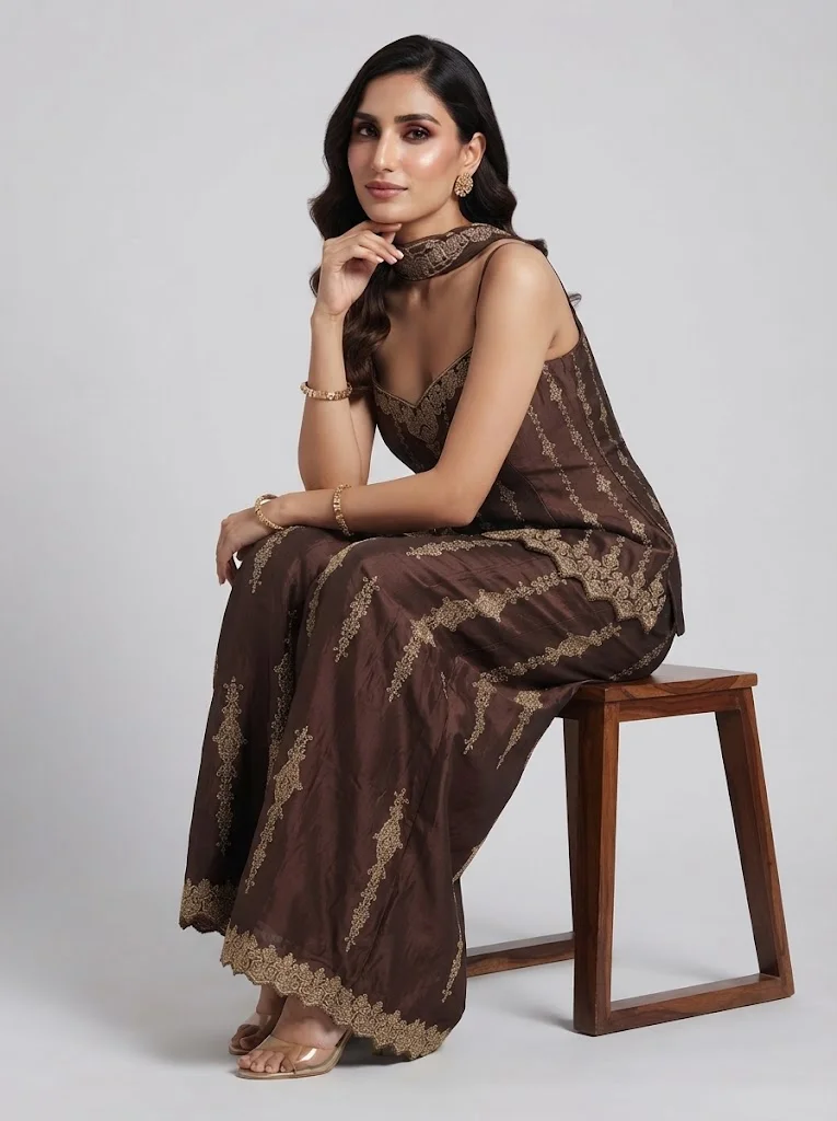 Viny VINY Coffee Brown Embroidered Top & Palazzo Set – Women's Indian Ethnic Wear