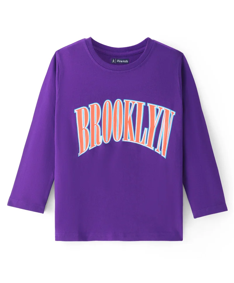 Pine Kids Pine Kids Cotton Knit Full Sleeve T-Shirt with Text Print  - Violet Indigo