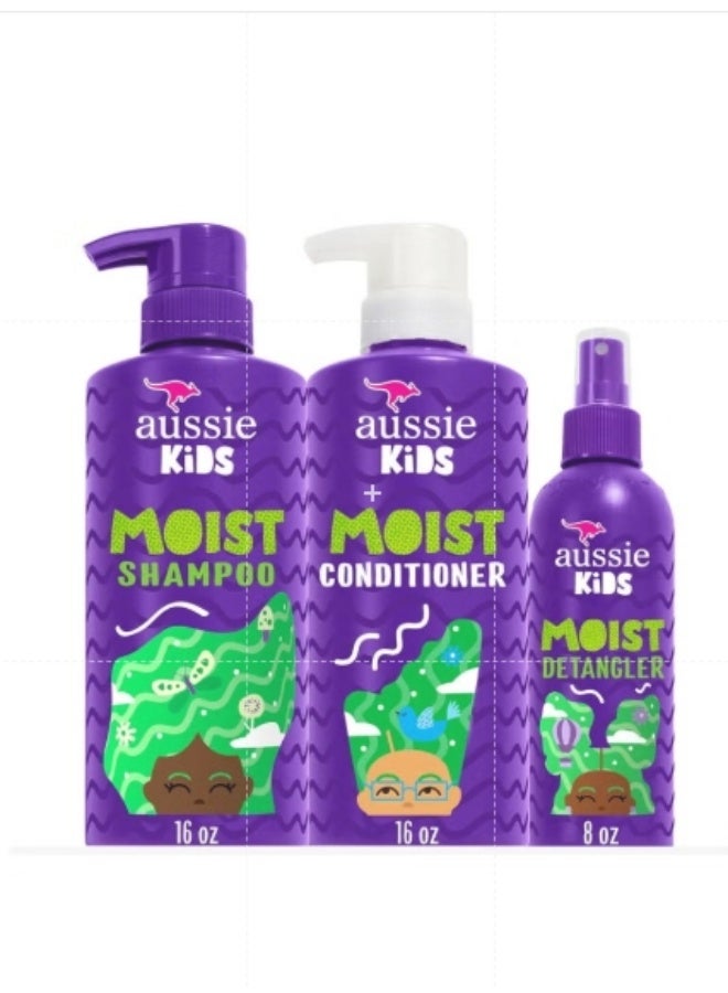 Aussie Kids Hair Care Bundle Set Including: Shampoo (16 Fl Oz), Conditioner (16 Fl Oz) & Detangler Spray (8 Fl Oz), Paraben- Freem Sulfate-Free, Dye-Free, Cruelty-Free, Tangle-Free Styling