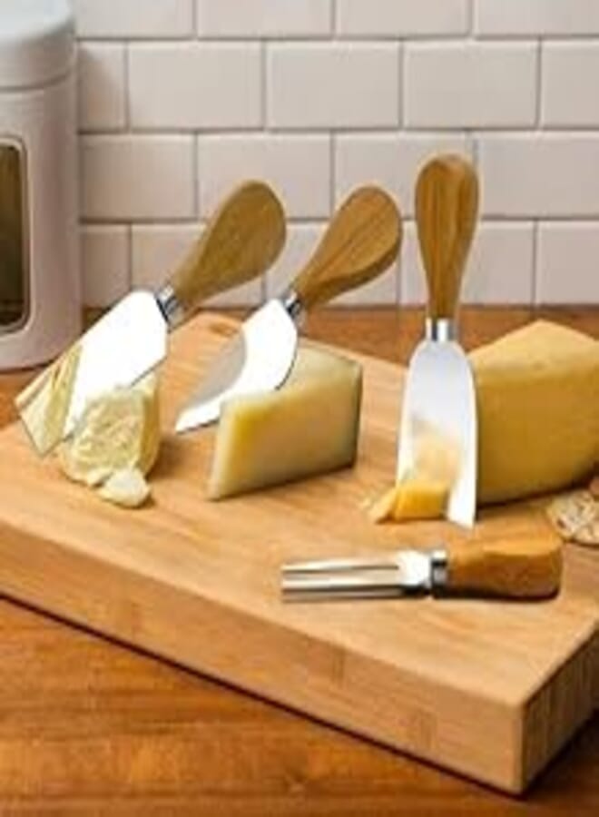 Cheese Knives Set of 4, Stainless Steel Blades with Wooden Handles, Essential for Serving Cheese at Parties and Dinner Events