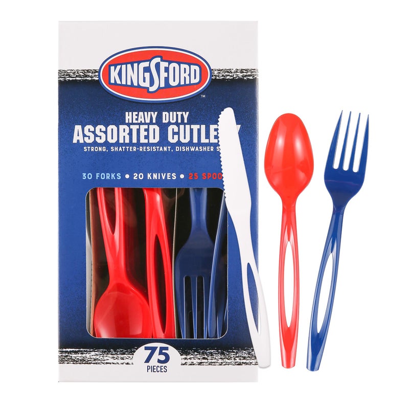 Kingsford Kingsford Full Size Assorted Plastic Cutlery Heavy Duty Disposable Plastic Cutlery Set Includes 30 Forks 20 Knives and 25 Spoons for Any Occasion Plastic Cutlery Red White Blue 75 Pieces 