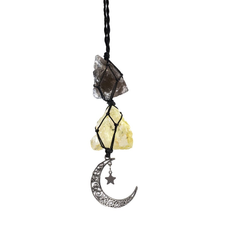 BOHO GARDEN Hanging Car Charm Smoky Quartz Citrine Dangling Moon Healing Crystal Accessories Rearview Mirror Decorations Grounding Cleansing Protection Joy Abundance Clarity Energy