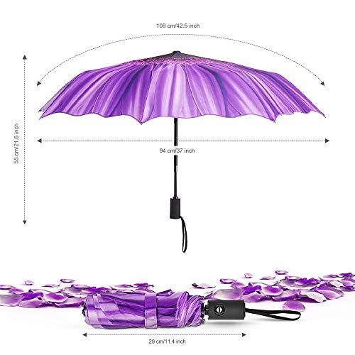 YumSur Windproof Travel Umbrellas - Lightweight Automatic Compact Folding Umbrellas Violet Daisy Design, Reinforced Canopy, Auto Open/Close, for Men and Women - Image 4