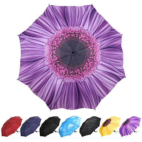 YumSur Windproof Travel Umbrellas - Lightweight Automatic Compact Folding Umbrellas Violet Daisy Design, Reinforced Canopy, Auto Open/Close, for Men and Women - Image 1